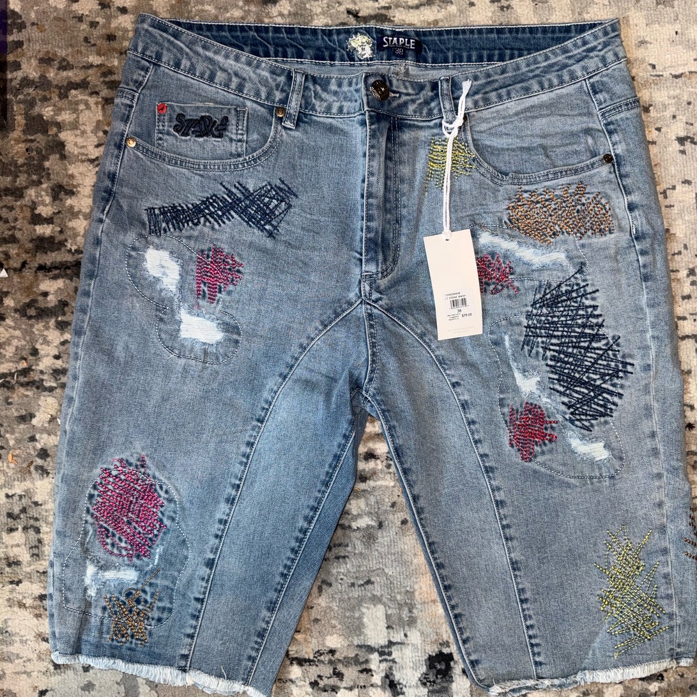 Staple Distressed Embroidered Jean Shorts